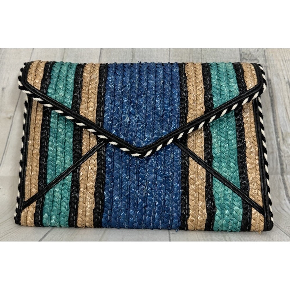 Rebecca Minkoff Straw Leo Clutch Multicolor Boho Resort Festival Striped